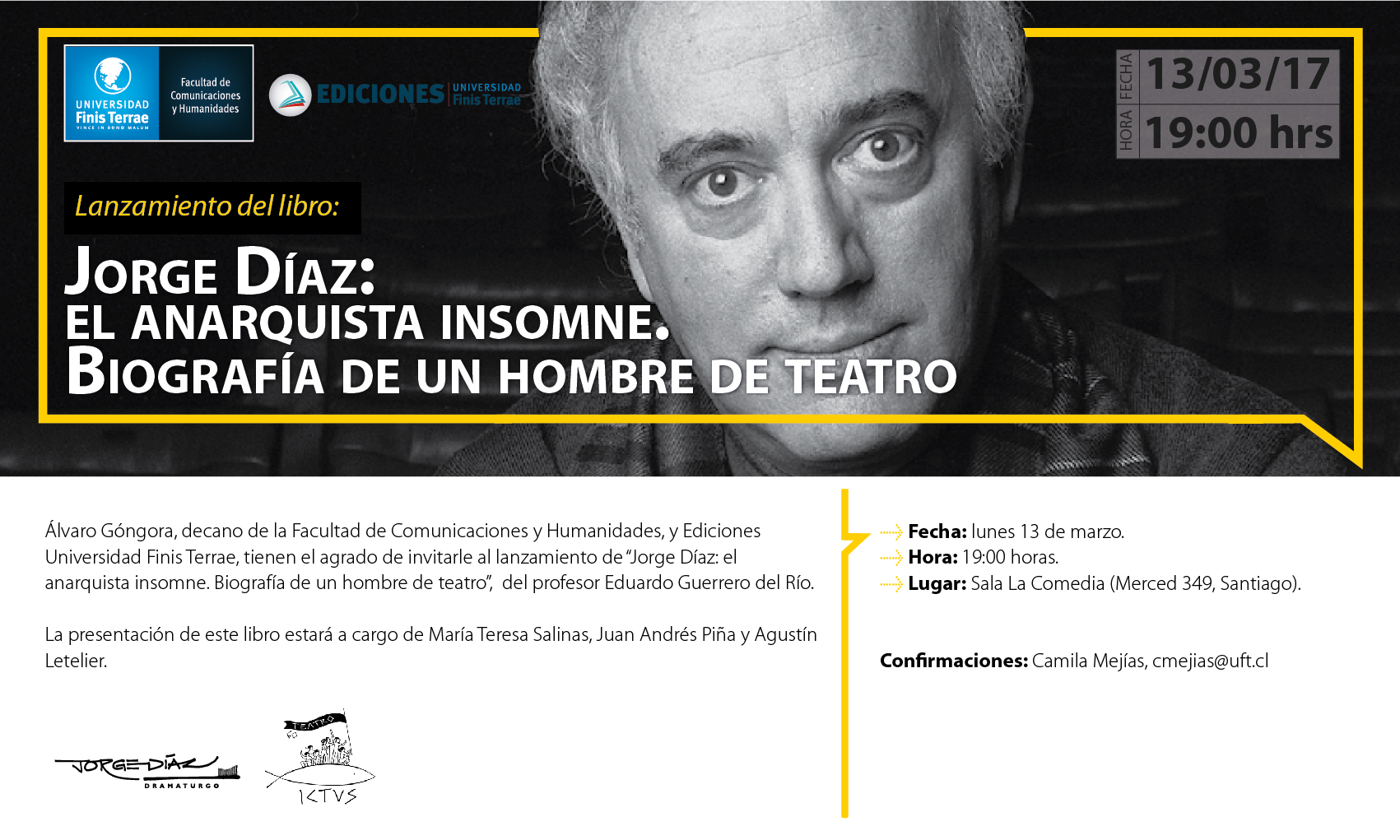 Invitación al lanzamiento del libro Jorge Díaz: El anarquista insomne. Biografía de un hombre de teatro
